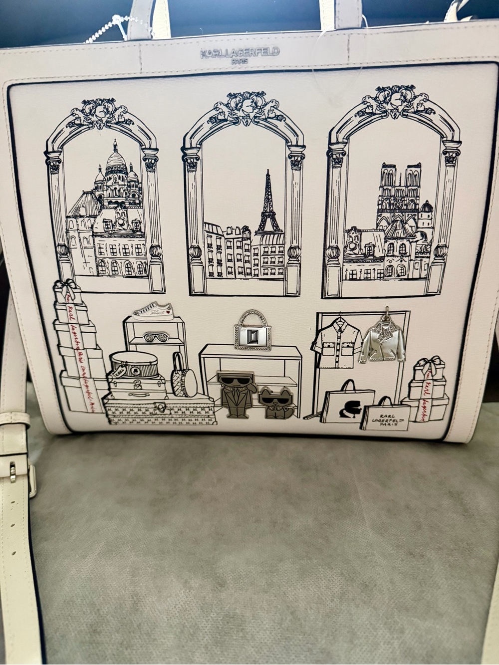 Karl Lagerfeld White Tote with Black Paris Illustration